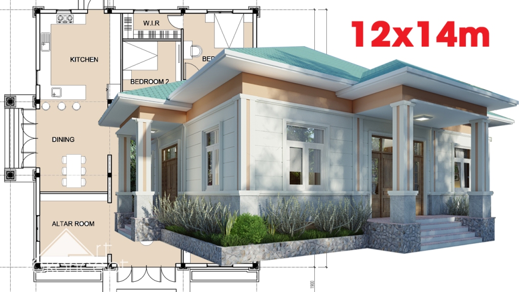 12x14m Modern One-story House Floor Plan Design With 3 Bedrooms